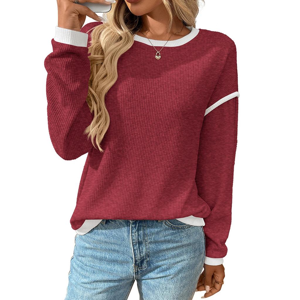 Women's Fashion Round Neck Imitation Sweater Long Sleeve Colour Block Loose Top