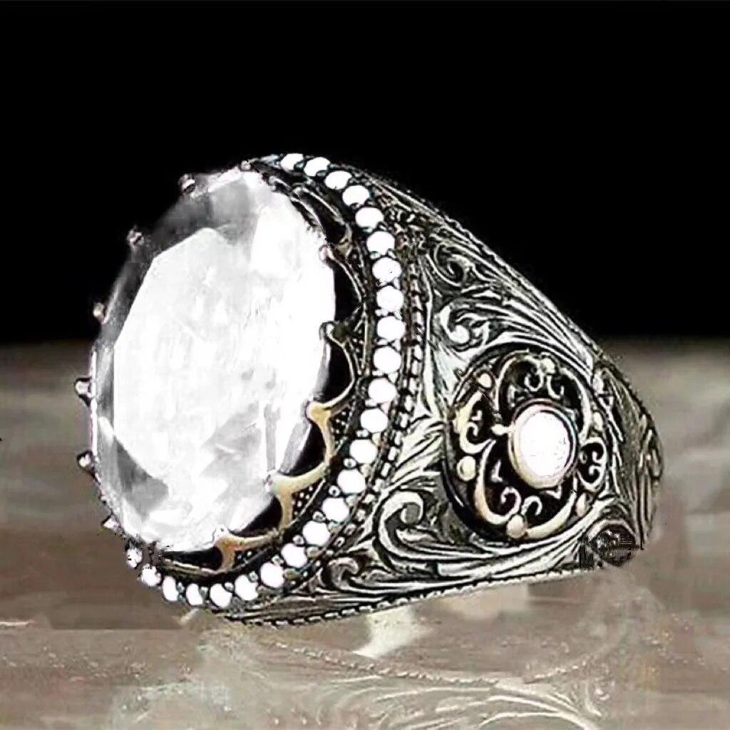Retro Handmade Turkish Signet Rings for Men Ancient Silver Color Carved Ring Mystic Zircon Inlay New Punk Motor Biker Ring