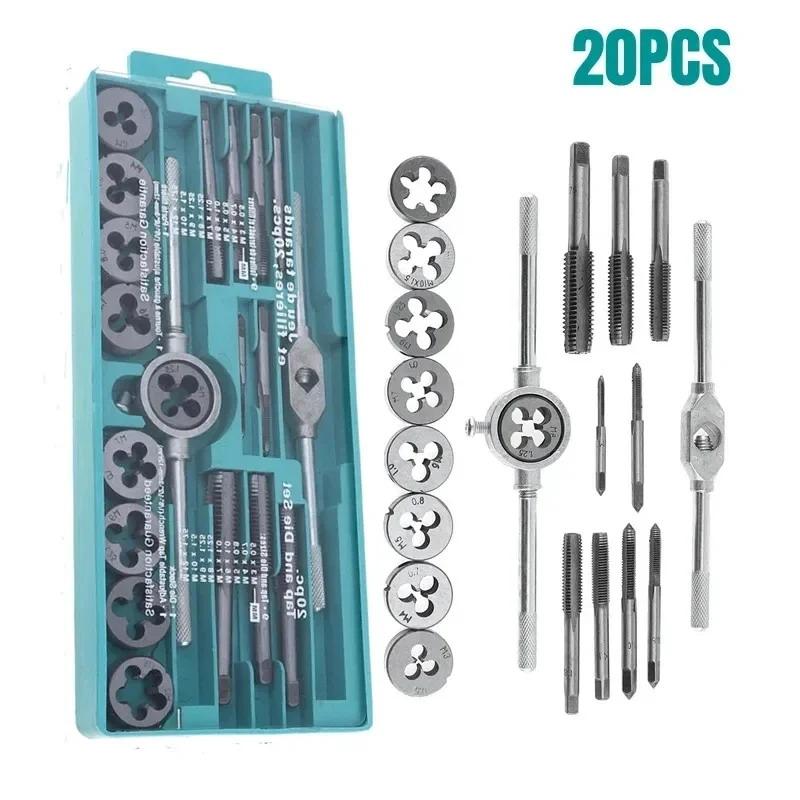 Set di Maschi e Filiere Manuali 12/20 Pezzi M3-M12 Conico Dritto Strumenti di Foratura Portatili per Compiti di Foratura su Acciaio Inossidabile