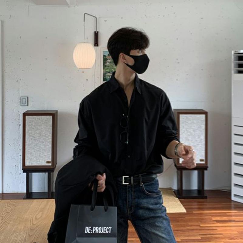 

New Korean Business Men Shirts Light Luxury Slim-fit Solid Color Long Sleeve Cardigans Leisure Breathable Solid Color Basic Tops 3XL чорний