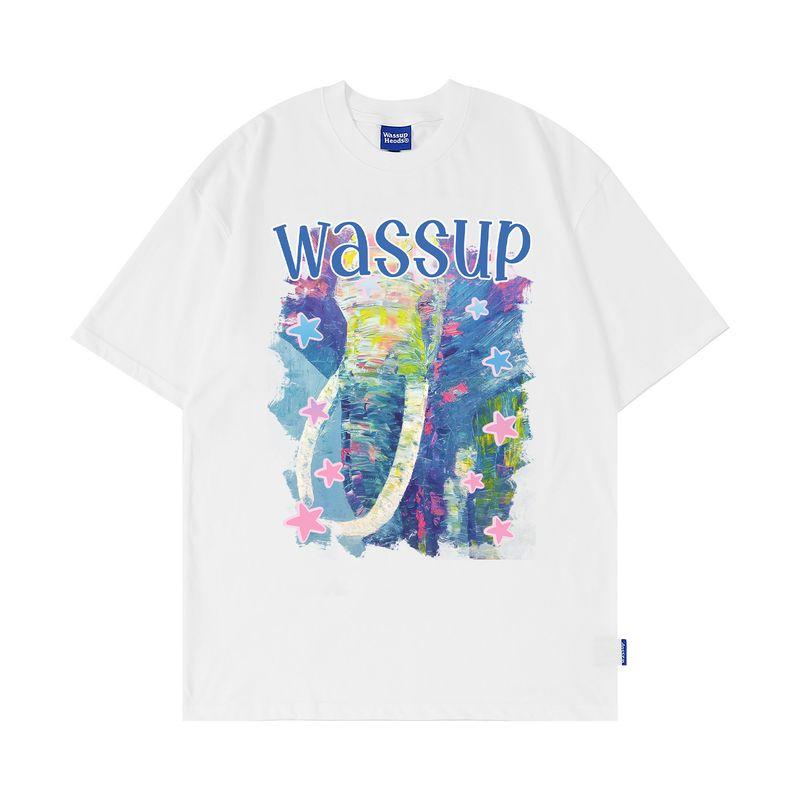 Wassup Heods Retro Oil Painting Trendy Brand Short-Sleeved Men's and Women's Summer New Heavyweight Street Couple Round Neck T-Shirt