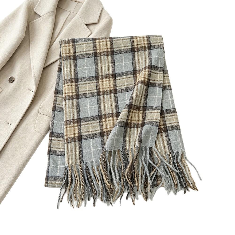 1116 new soft waxy blue and white plaid fringed scarf Korean warm autumn and winter thickened student high-end scarf
