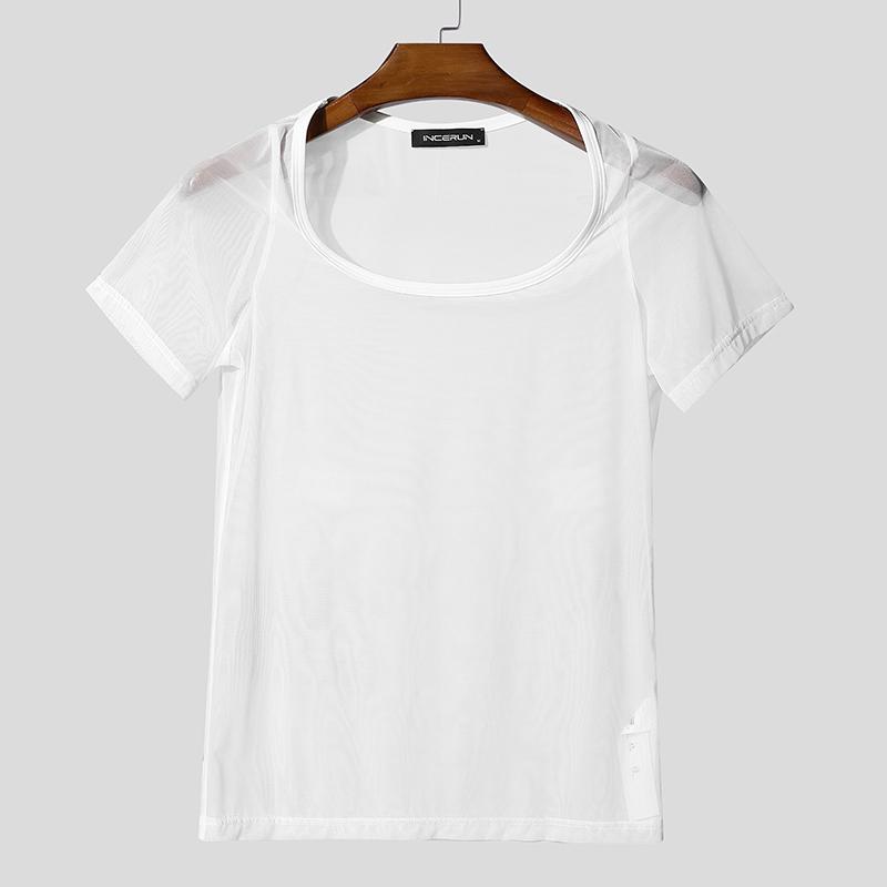 INCERUN Men Short Sleeve Mesh Sheer Sexy Party Club T-shirts Tops