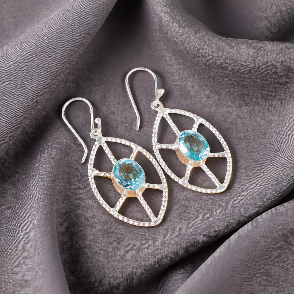 Sky Blue Topaz Gemstone 925 Sterling Silver Jewelry Handmade Hook Earrings 2.00" EE-48-6