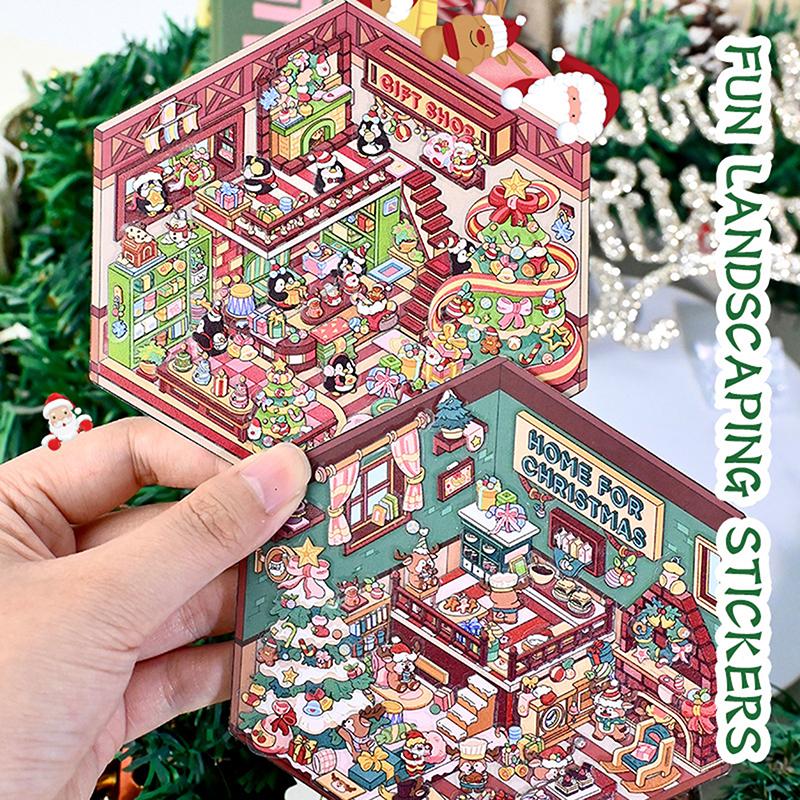 1/4Pcs Christmas Diy 3D Landscaping Stickers Miniature Scene Cabin Stickers Scene Stacking Pasting Cute Adult Child Gift