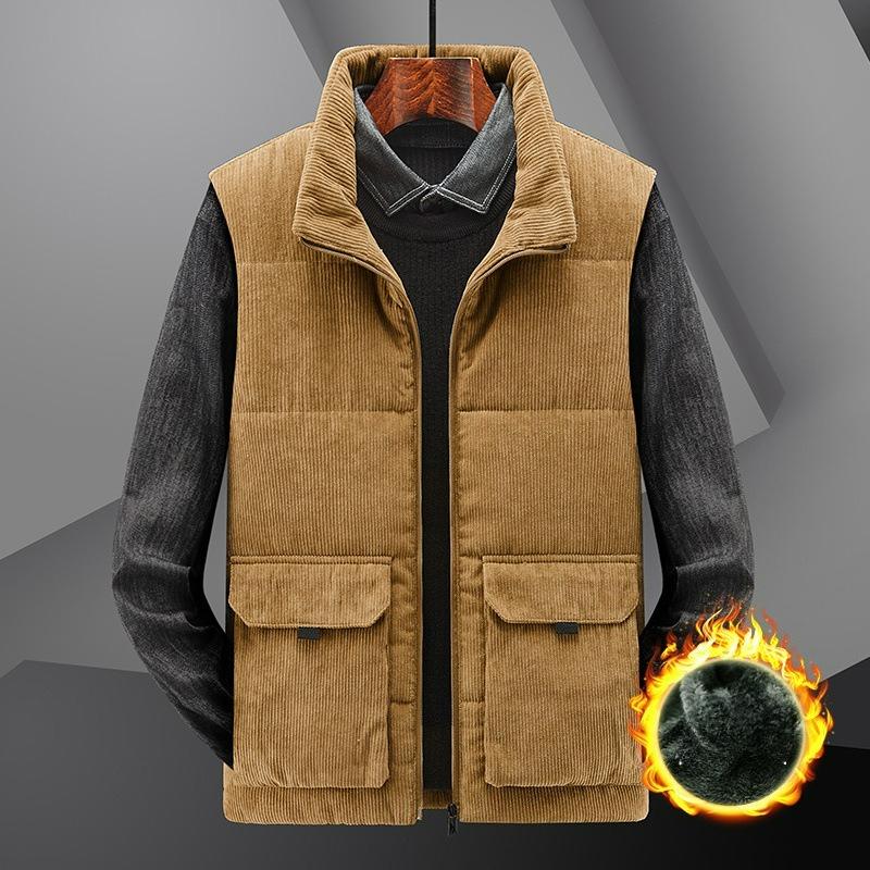 Winter Men's Corduroy Vest Plus Velvet Thickened Vest Men's Plus Size Stand-up Collar Waistcoat Multi-pocket Tooling Trend