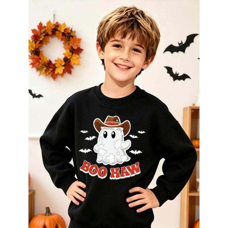 European sizes Halloween Boys Graphic Crewneck Sweatshirt Cute Beanie Glasses Print Long Sleeve Pullover Funny Bruh Text Top Kids Fall Gift