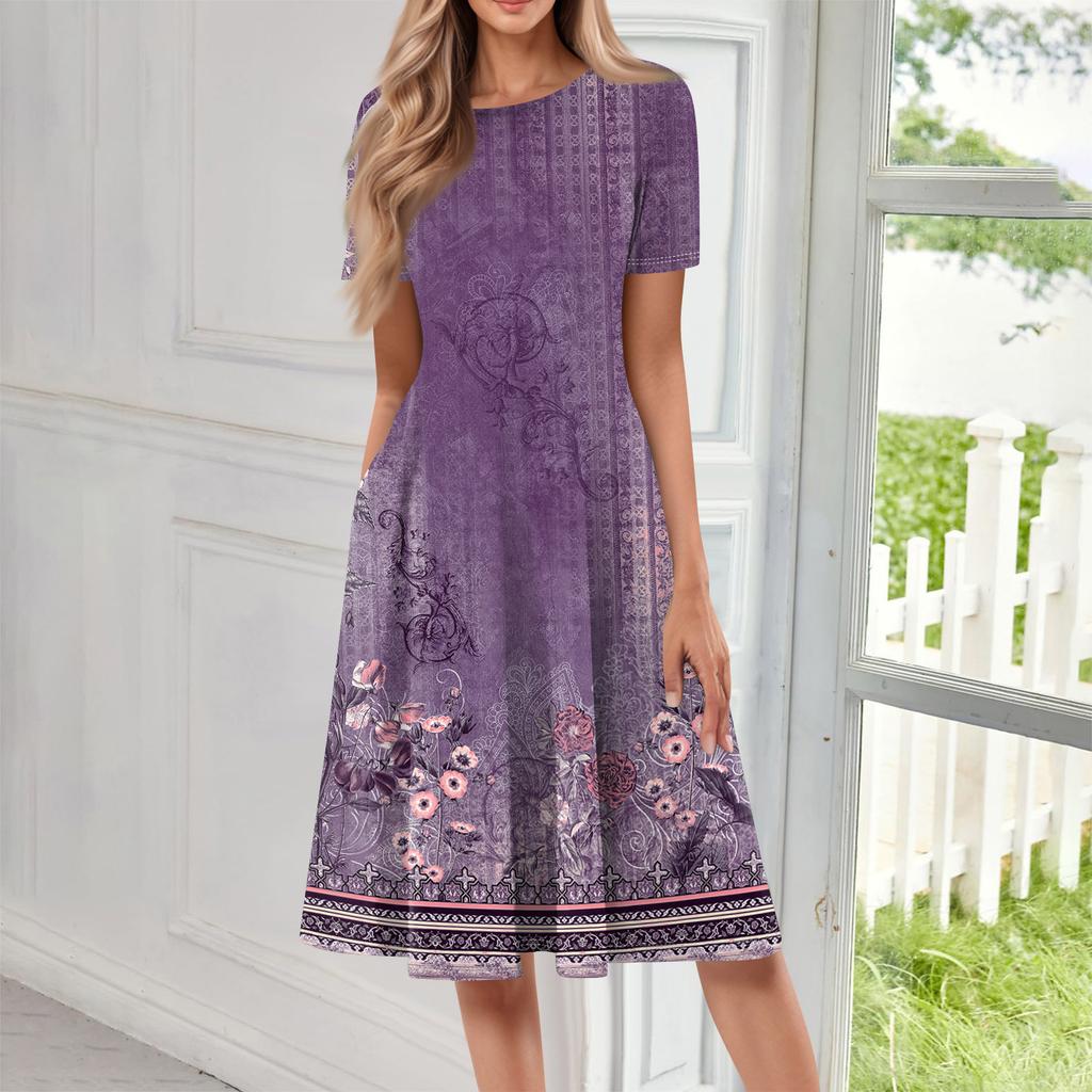 Women Casual Printed Round Neck Long Dress