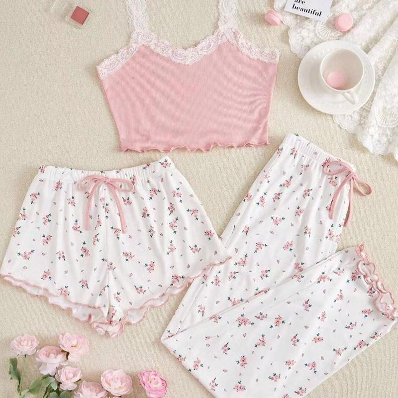 

Комплект из трех предметов пижамный комплект женский принтованный жилет шорты и штаны пижамы парный комплект из мягкой рубчатой ткани повседневная домашняя одежда для сна M