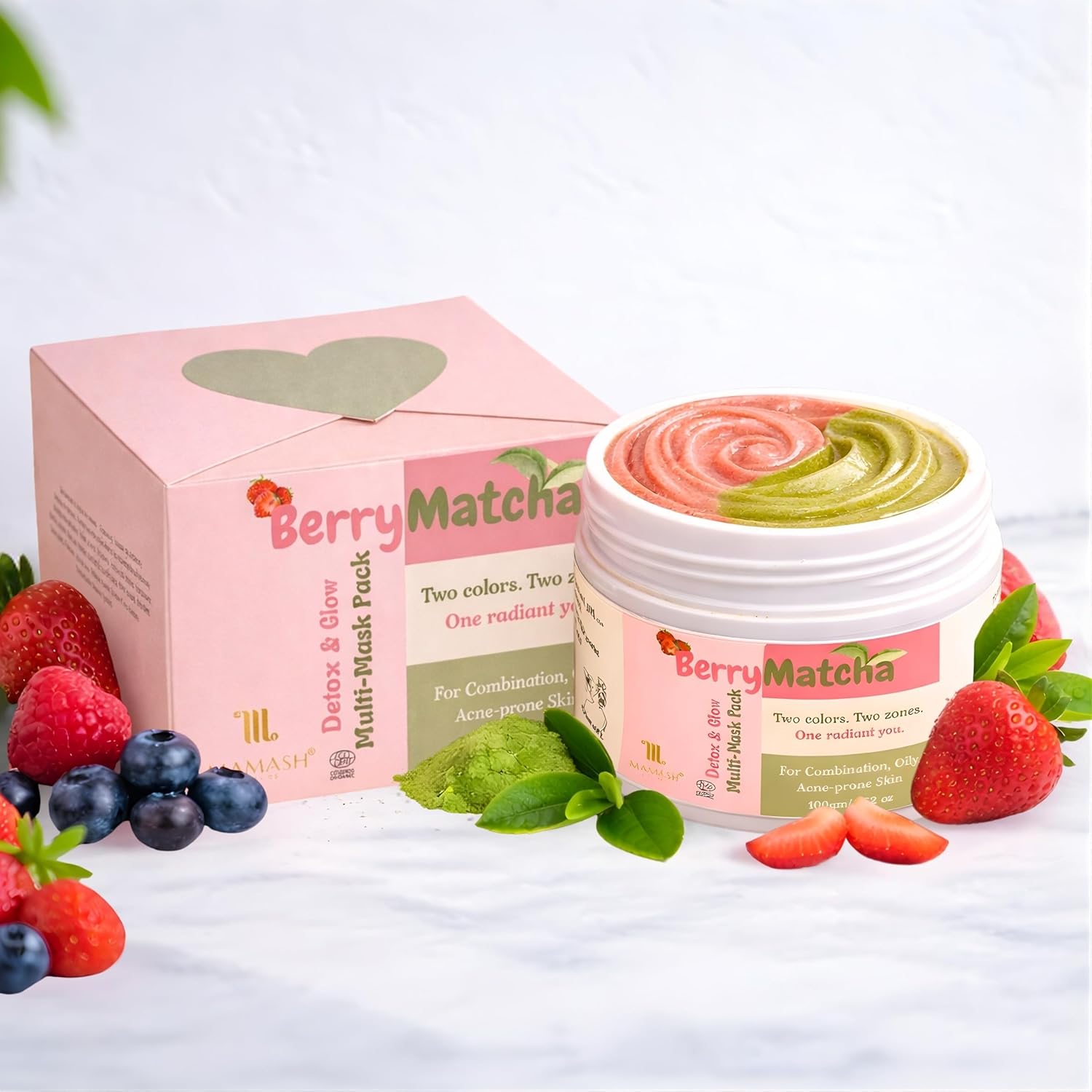 Organics Berry Matcha Instant Detox & Glow Multi-Mask 100g | Matcha & Strawberry 2-in-1 Face Pack | 100GM