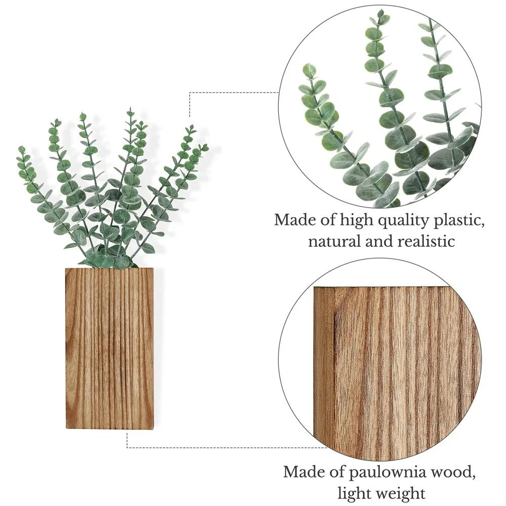 Wood Wall Planter Vase with Artificial Eucalyptus Farmhouse Wall Hanging Planter for Dried Flowers in Living Room Bedroom