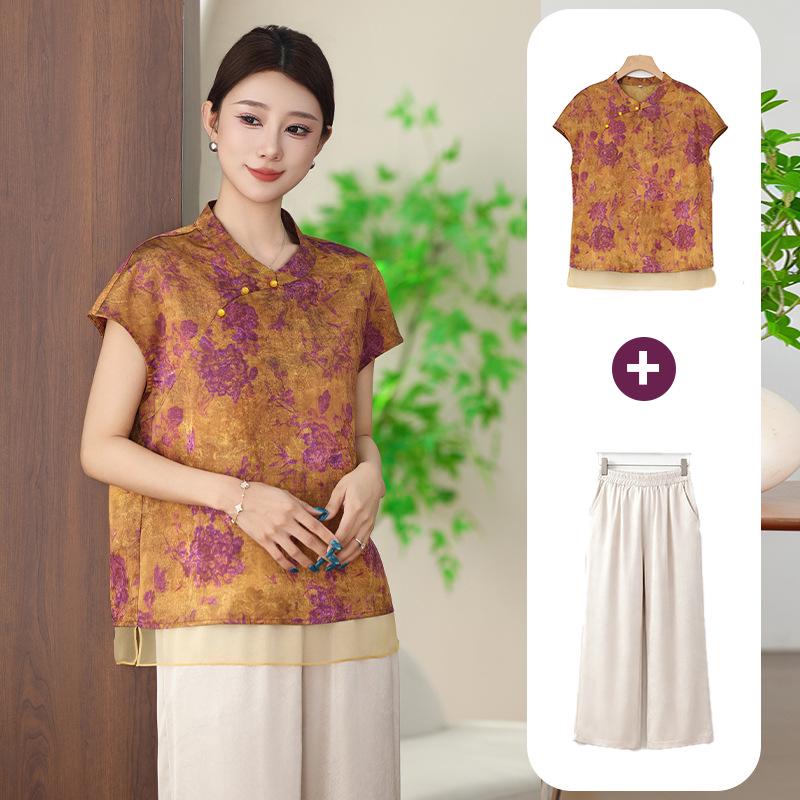 Summer Casual Chinese Style Suit: Diagonal Lapel Top with Frog Buttons for Middle-Aged Women - Lightweight Two-Piece Set
