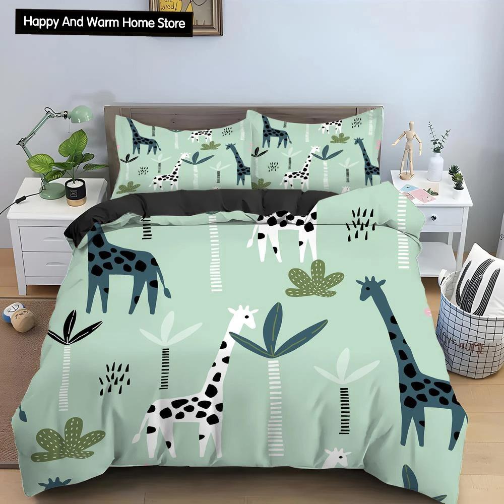Cartoon Giraffe König Königin Bettbezug Jungen Mädchen Tier Bettwäsche Set Wildtiere Deckenbezug Polyester Bettdecke