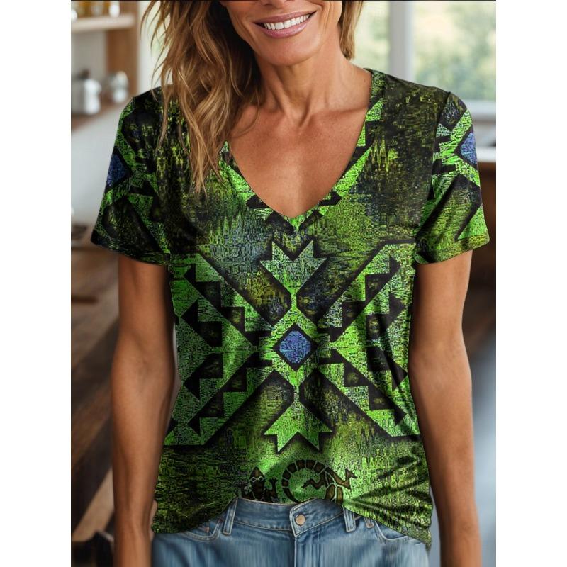 

Летняя женская футболка с V-образным вырезом, геометрическим принтом, 3D-печатью, в стиле ретро, повседневная, оверсайз, женская одежда, с короткими рукавами, топ, футболки 8XL