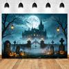 Halloween Full Moon Suburbs Cemetery Backdrop Scary Skull Castle Pumpkin Lantern Family Festival Party Decor Photo Background