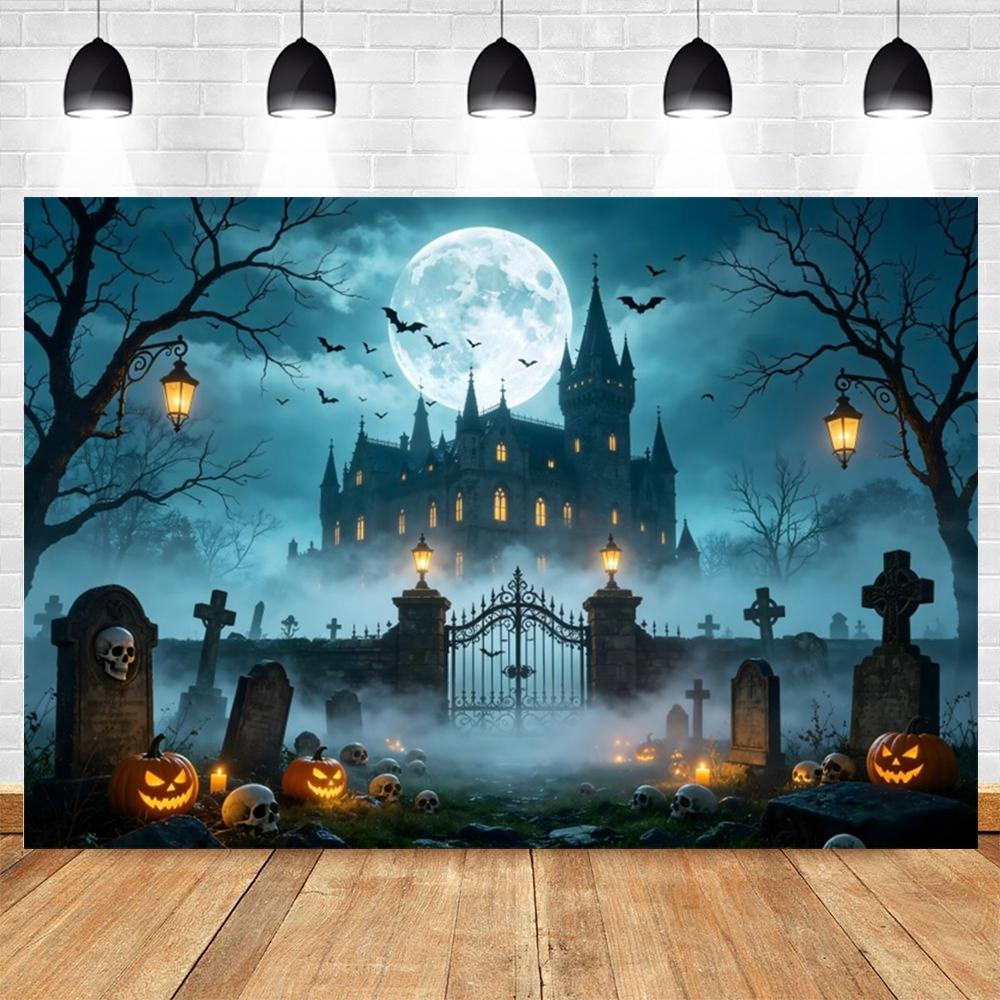 Halloween Full Moon Suburbs Cemetery Backdrop Scary Skull Castle Pumpkin Lantern Family Festival Party Decor Photo Background