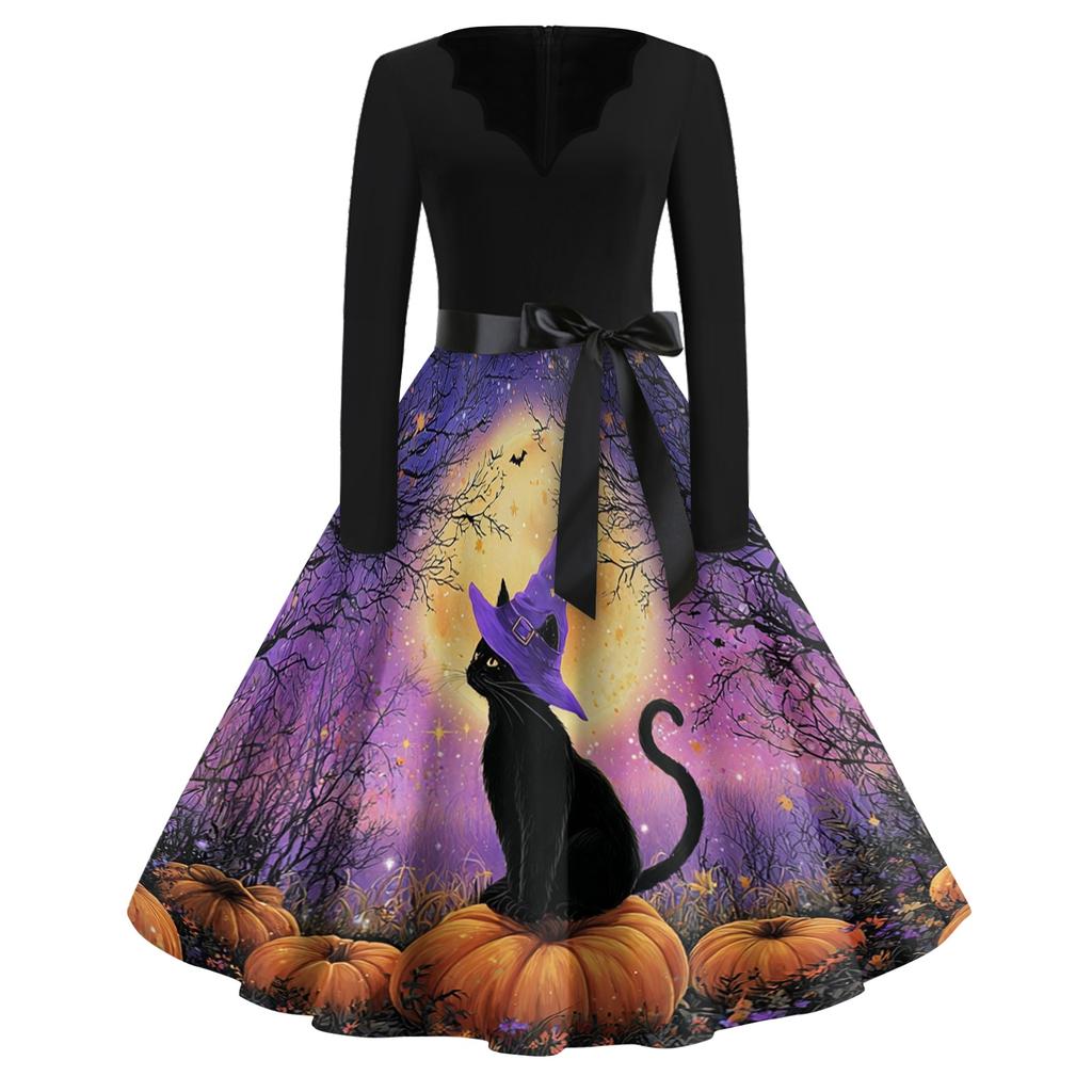 Womens Vintage Halloween Print Dress V Neck Long Sleeve Casual Retro Style Midi Dress with Waist Tie Belt