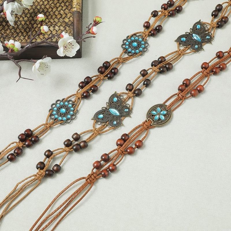 Bohemian Style Butterfly Water Diamond Woven Ethnic Style Wooden Bead Women'S Belt Casual Vacation Style Waist Rope