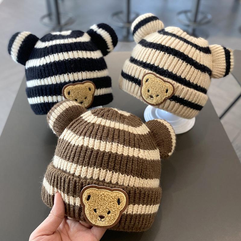 Cartoon Stripe Baby Beanie Cap Cute Bear Ears Infant Knitted Hat Winter Warm Kids Crochet Hats Toddler Girls Boys Bonnet