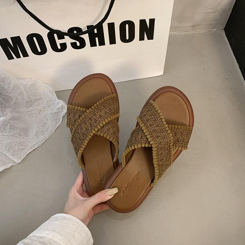 White Retro Woven Thick-soled One-word Slippers for Women's Summer Wear 2025 New Models with Skirts To Increase Height and Cool Slippers