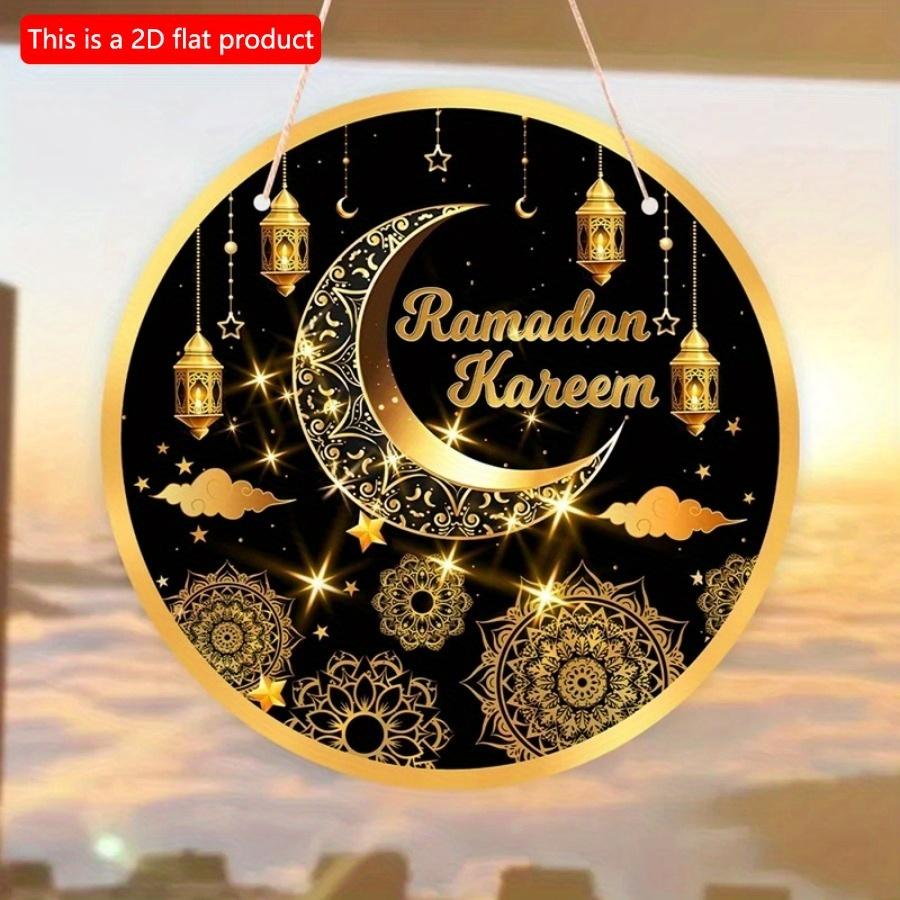2D flach 20*20cm 1 Stück Ramadan Kareem Goldene Mond&Laternen Muster Schöne Islam Muslimische Partyzubehör, Geeignet zum Aufhängen an der Decke Runde Holzornament
