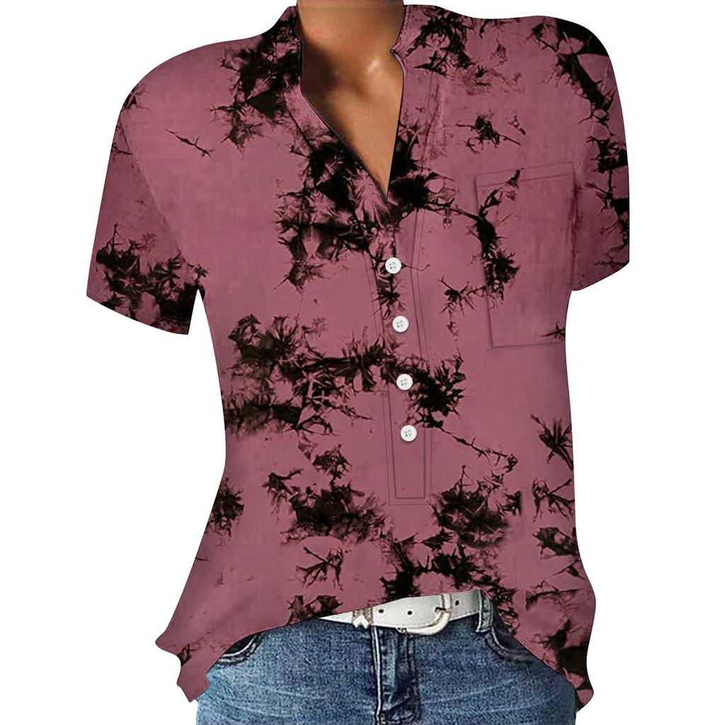 Lässige, bedruckte, kurzärmelige Hemdpullover mit V-Ausschnitt und lockeren Blusenoberteilen für Damen