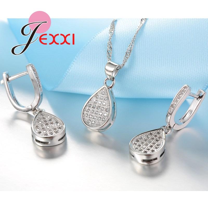 Luxury Waterdrop 925 Sterling Silver Color Cubic Zircon Crystal Pendant Necklaces Earrings Women Wedding Jewellery Set