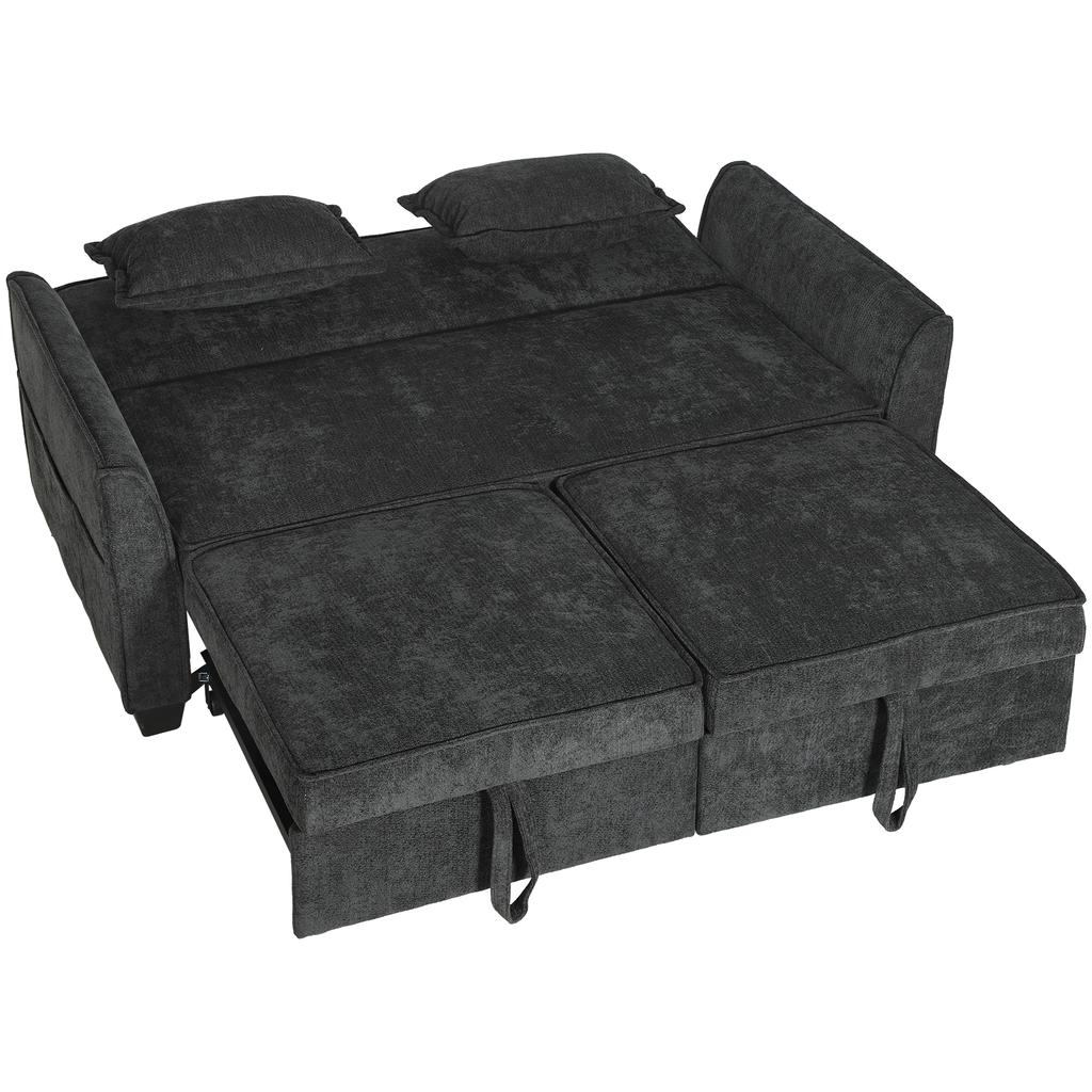 2 Seater Sofa Bed, 4-in-1 L-Shaped Convertible Pull-Out Sleeper Sofa with Adjustable Backrest and Side Pockets, Black