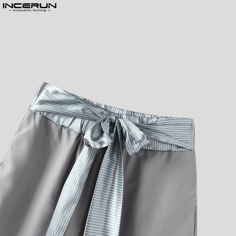 INCERUN Men Belt Lace-up Elastic Waist Striped Casual Loose Half Pants
