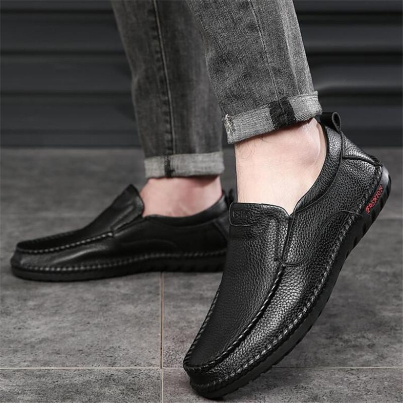 Business Genuine Leather Men Shoes Summer Slip on Loafers Breathable Men Casual Leather Shoes Black Flats Driving Shoe Moccasins