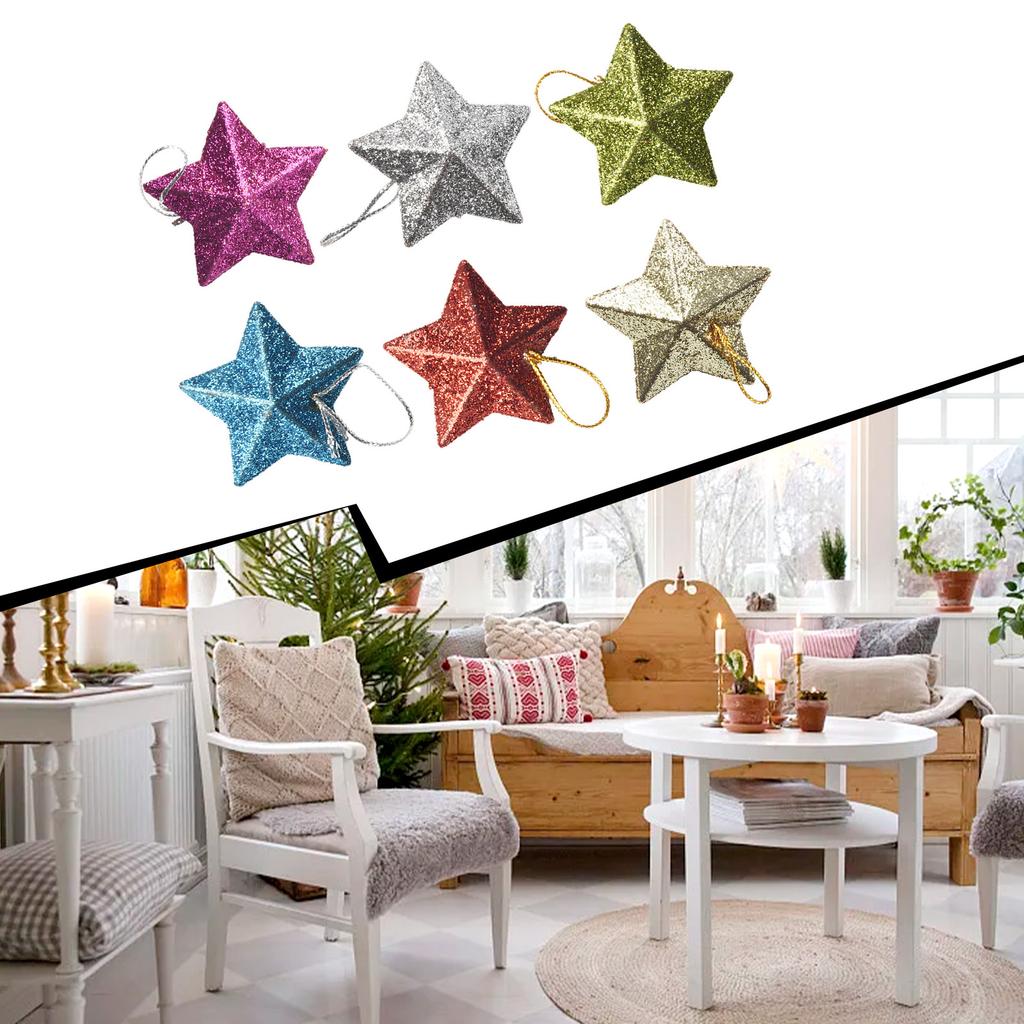6Pcs Glitter Star Pendant Christmas Tree Hanging Decorations Plastic 5cm Stars Craft Ornament For Birthday Party Home Decoration