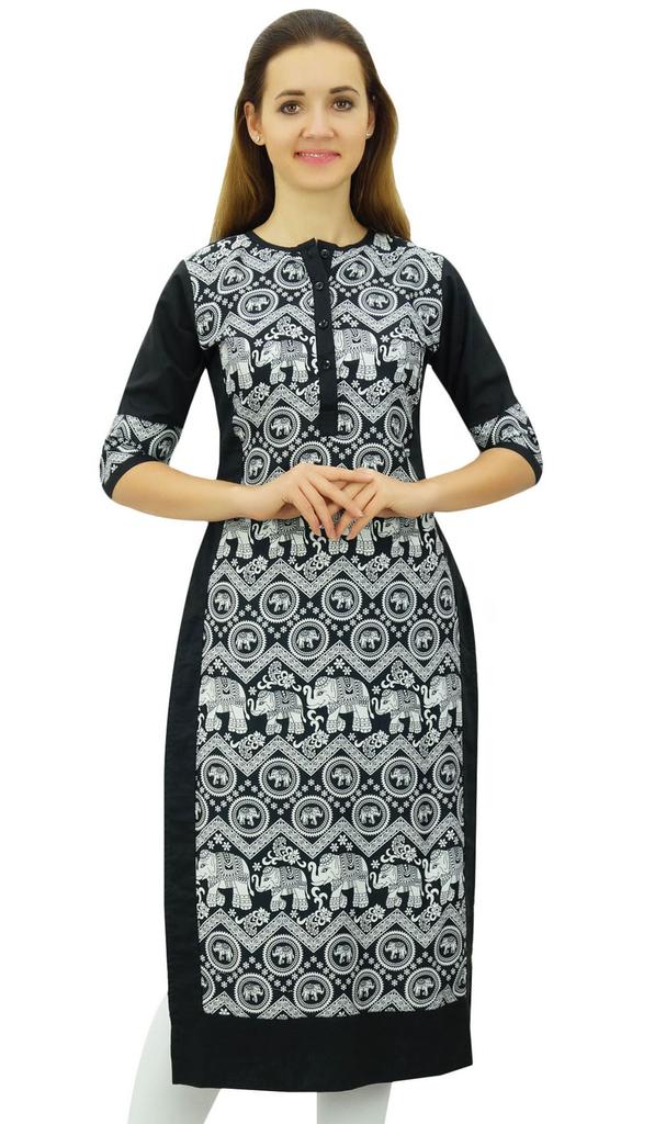 Phagun Women's Designer Straight Black Kurta 3 4 Sleeve Printed Casual