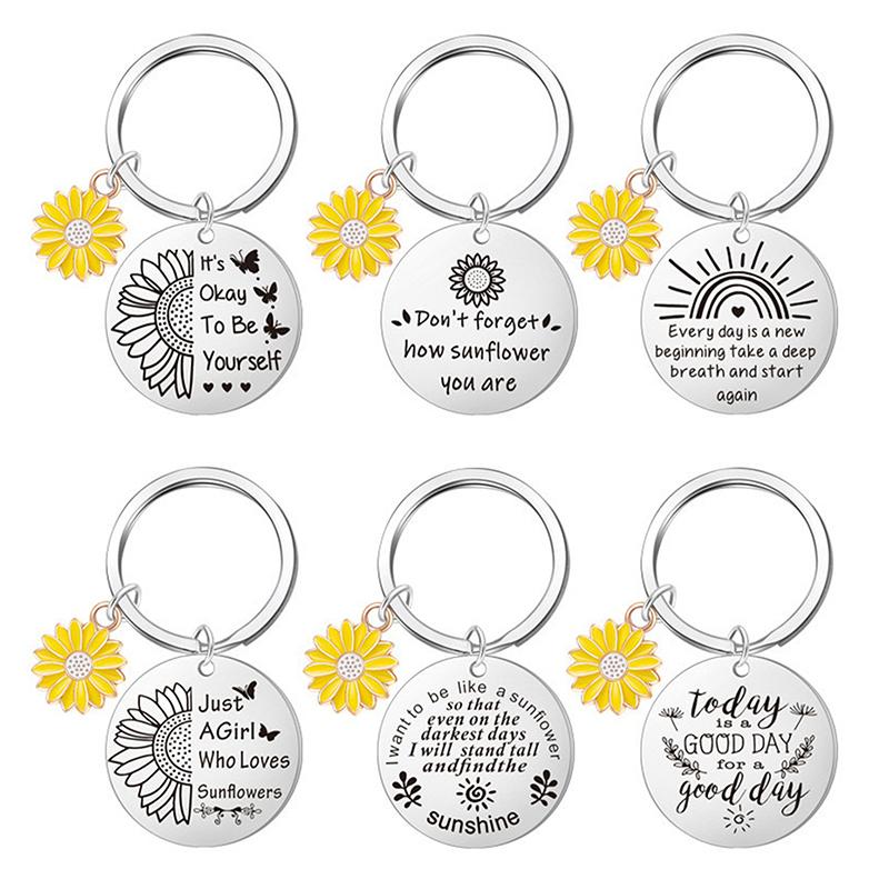 Sunflower Pendant Metal Stainless Steel Keychain For Parents Teachers Handmade Jewelry Gift Key Decoration