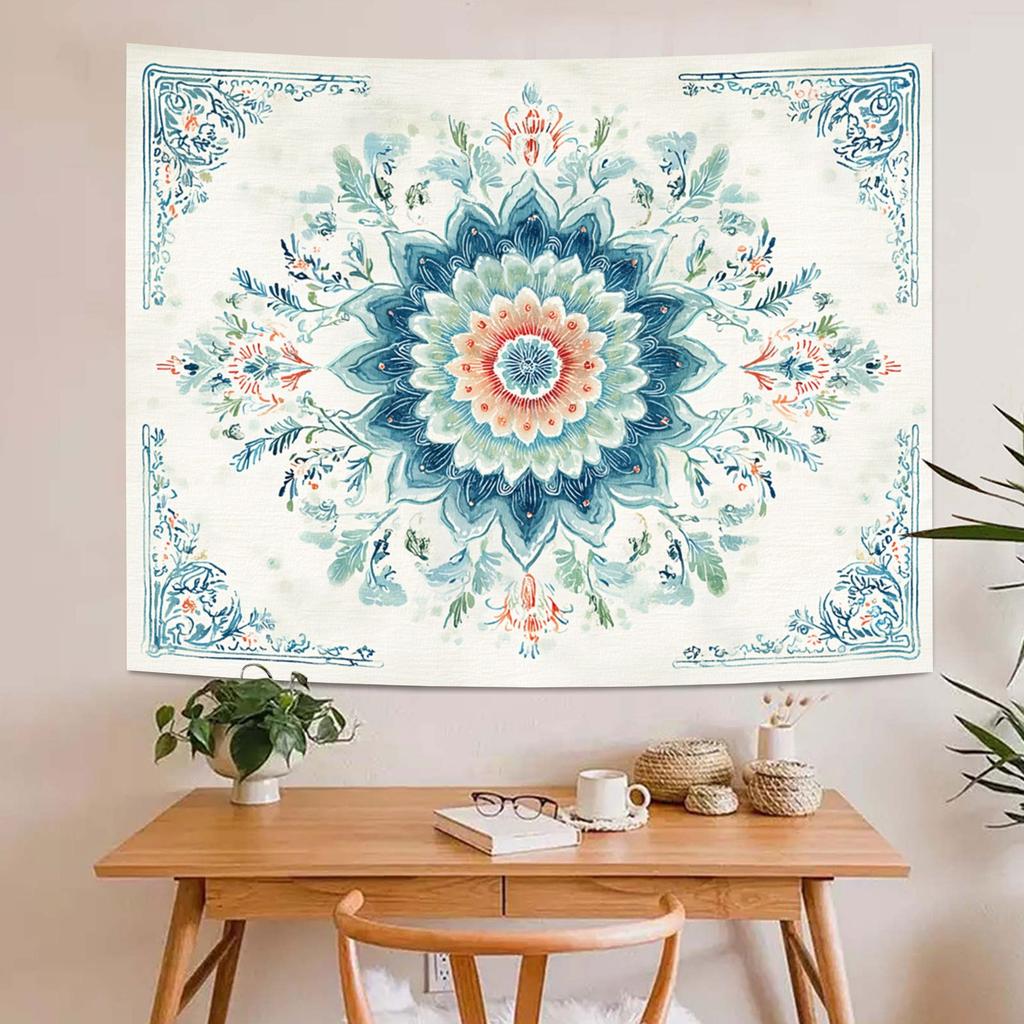 Blue Pink Floral Pattern Digital Printing Polyester Wall Hanging Tapestry Decorative Living Room Bedrooms Office Background Gift