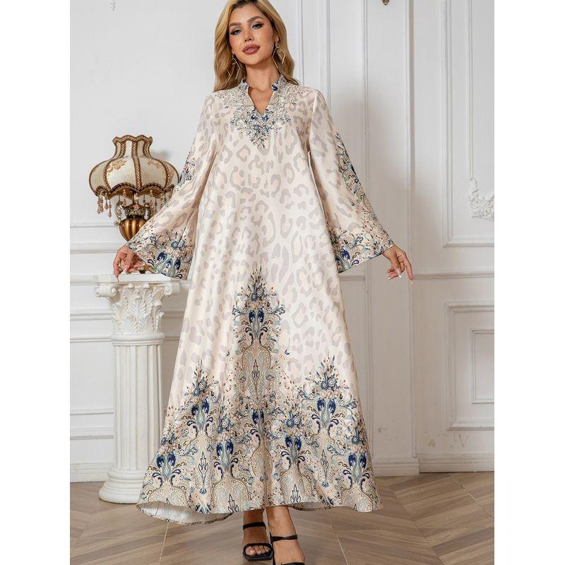 

Ближневосточное платье с леопардовым принтом, расшитое бриллиантовыми бусинами, арабское платье, женское, Дубай, большого размера, формальное платье, длинное платье Light Beige 2XL