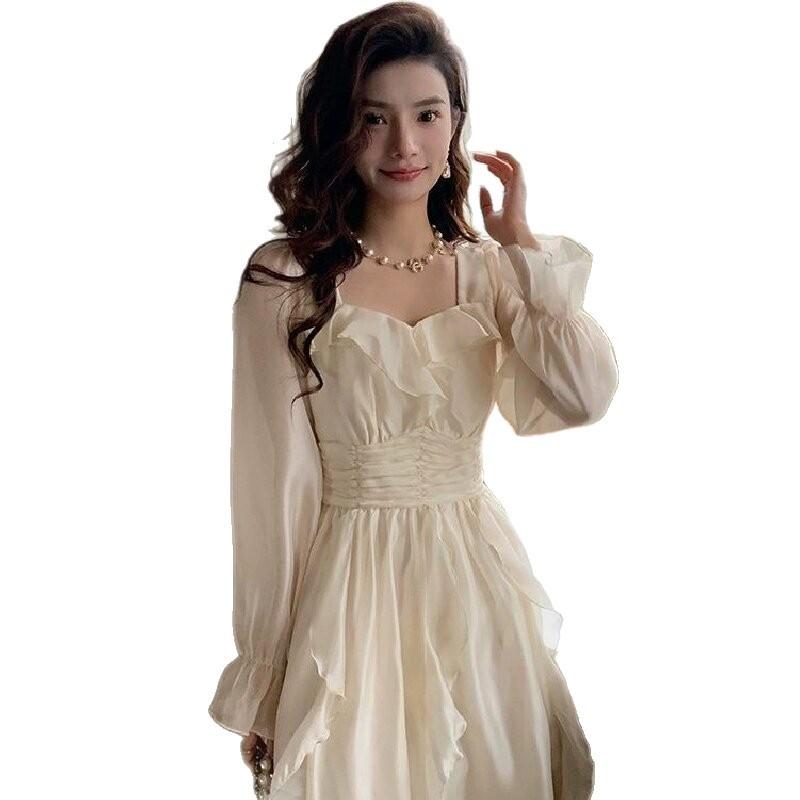 Gentle Wind French Ruffle Leaf Edge Dress Women's Spring and Autumn New Design Sense Waist and Thin Princess First Love Long Skirt