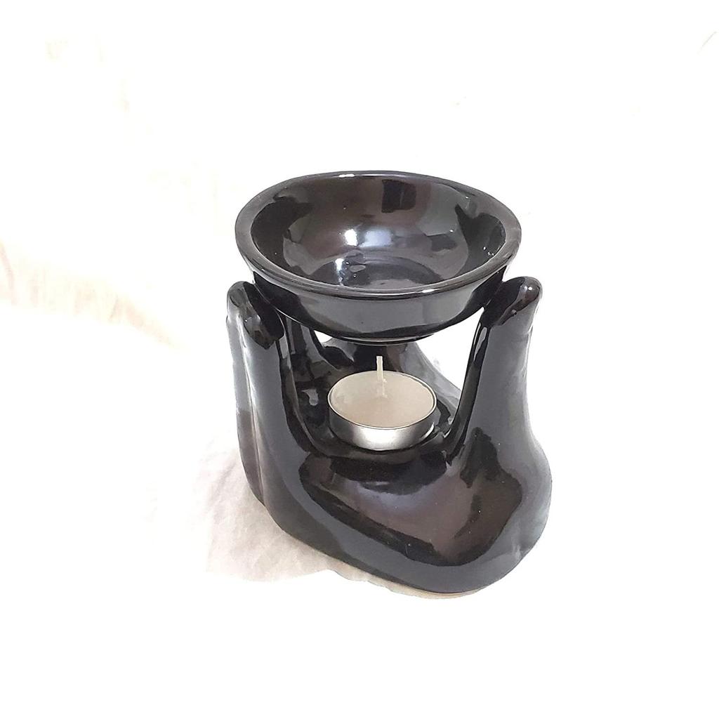 Ceramic Hand Type Aroma Diffuser Oil Burner with Lemon Grass Oil 10ml (Black)