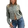 Military Style Napoleon Denim Jacket Slim Fit Long Sleeve Zip Up Fall 2026 Streetwear Y2K Girls
