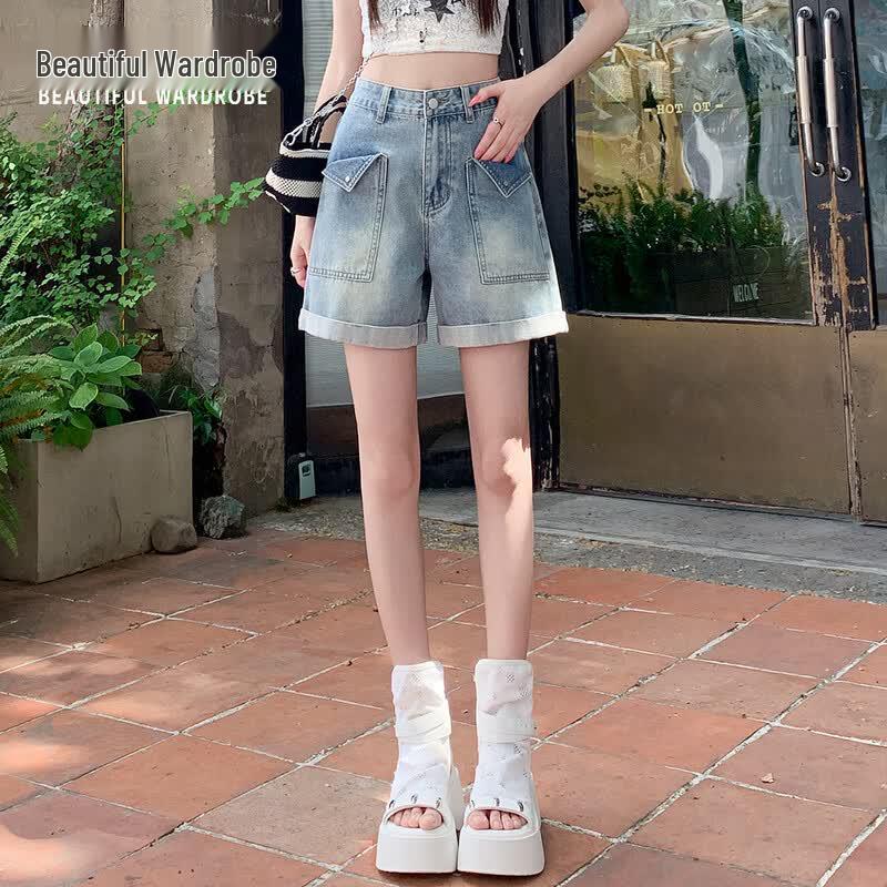 BEAUTIFUL WARDROBE Women s Retro Rolled Hem Cargo Denim Shorts L