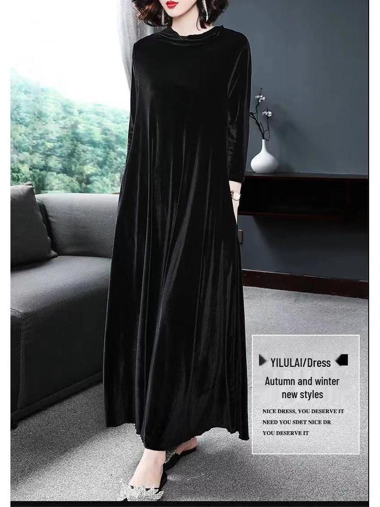 Women's Gold Velvet Knee-Length Dress - Autumn/Winter Collection