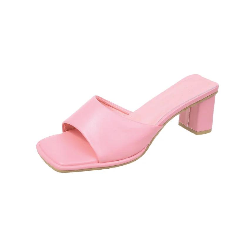 Fashion Summer New Women's Solid Color Candy Color Thick Heel Square Head Open Toe Sandals