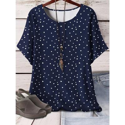 Plus Size Heart Print Crew Neck Short Sleeve T-Shirt - Soft Medium Stretch Polyester Fabric, All Over Print Casual Womens Clothing for All Seasons