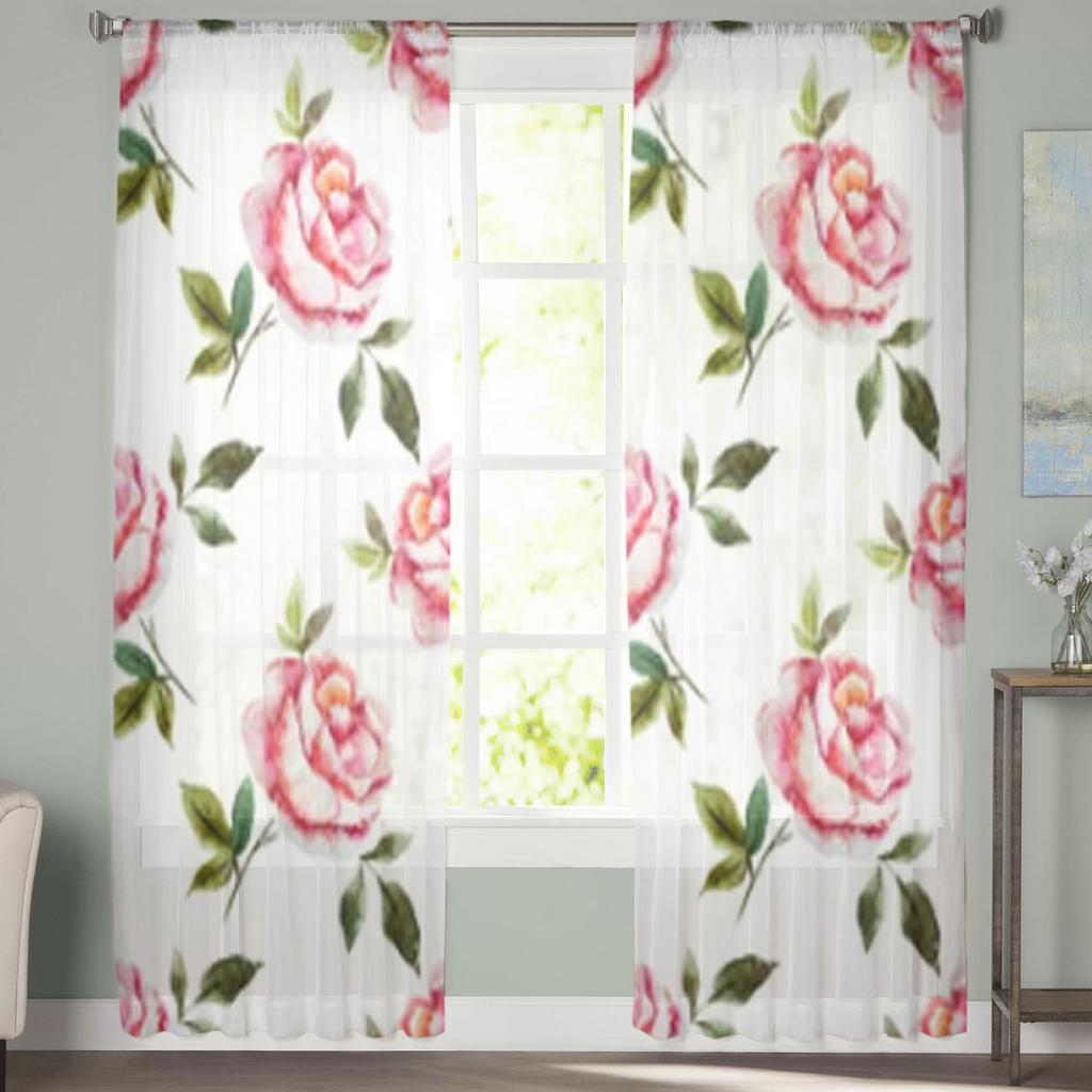Rose Watercolor Background Sheer Curtains For Living Room Window Transparent Voile Tulle Curtain Bedroom Drapes Home Decor