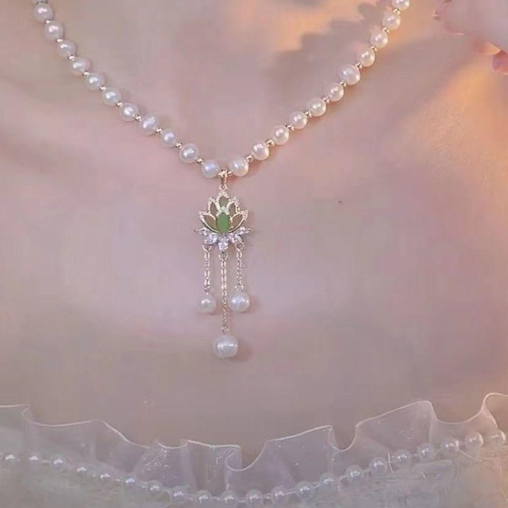 Pearls Party Jewelry Zinc Zinc Alloy Women's Necklace Lotus Shape Crystal Pendant Korean Style Necklace