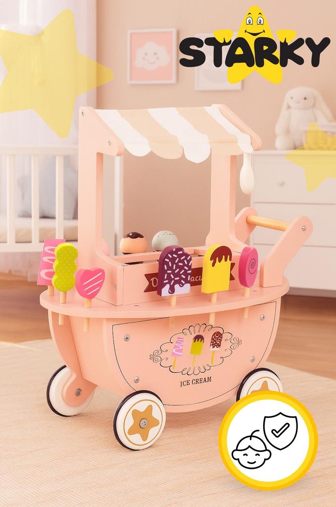 Wooden ice cream shop for children, toy, trolley on wheels, ice cream scoops, sticks