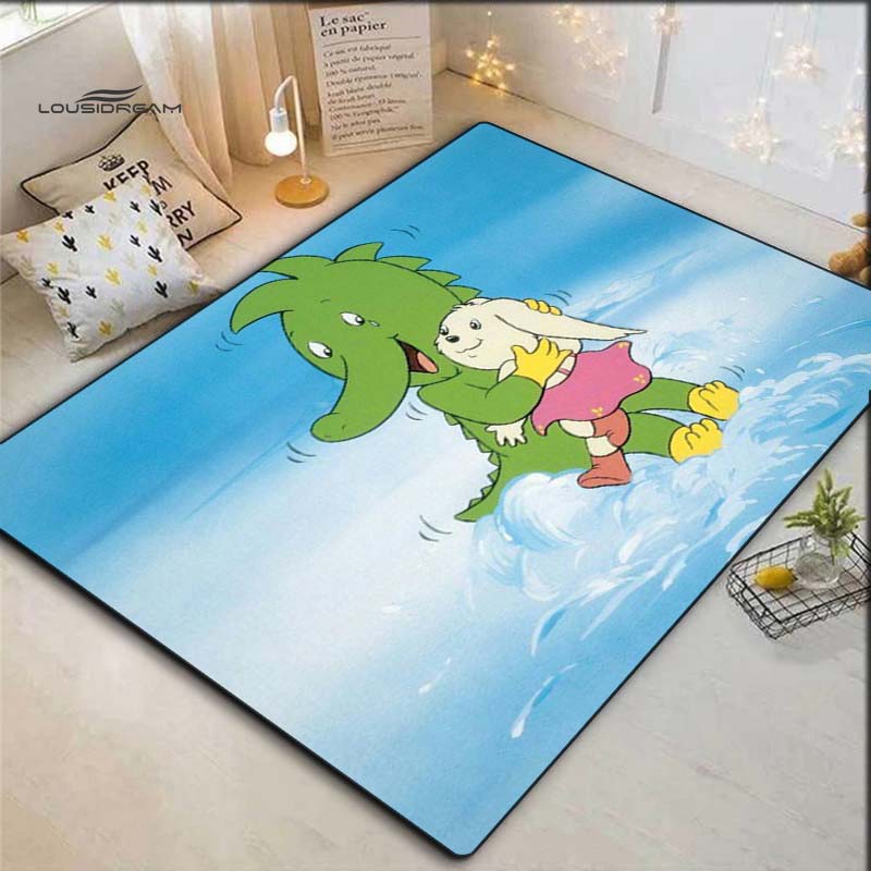 Cartoon Green Dragon Carrying Bunny Girl Area Rug, Non Slip Floor Mat for Kids Room Bedroom Nursery Playroom Decor