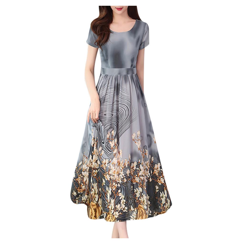 Women Fashion Summer Lady Elegant Short Sleeve Retro Printing Dress