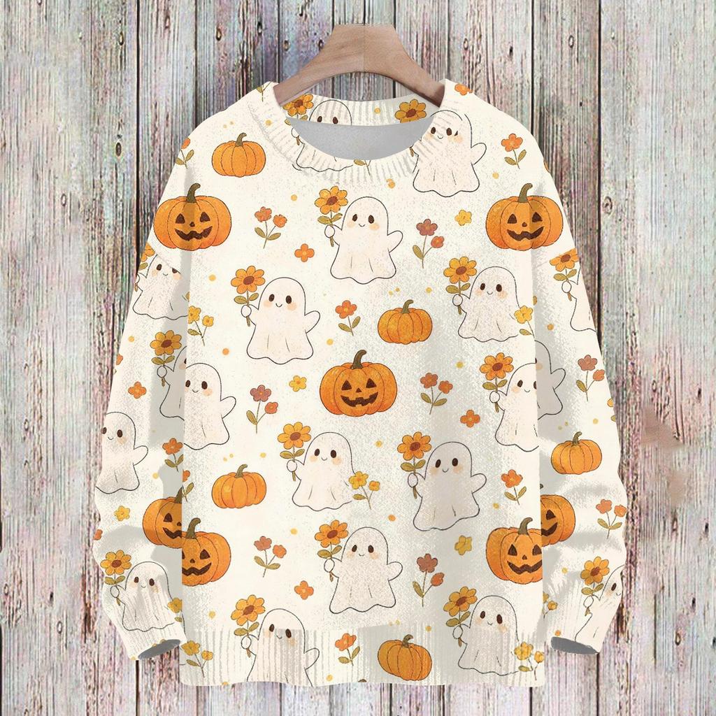 Women's Casual Long Sleeve Halloween Print Round Neck Knit Sweater Top