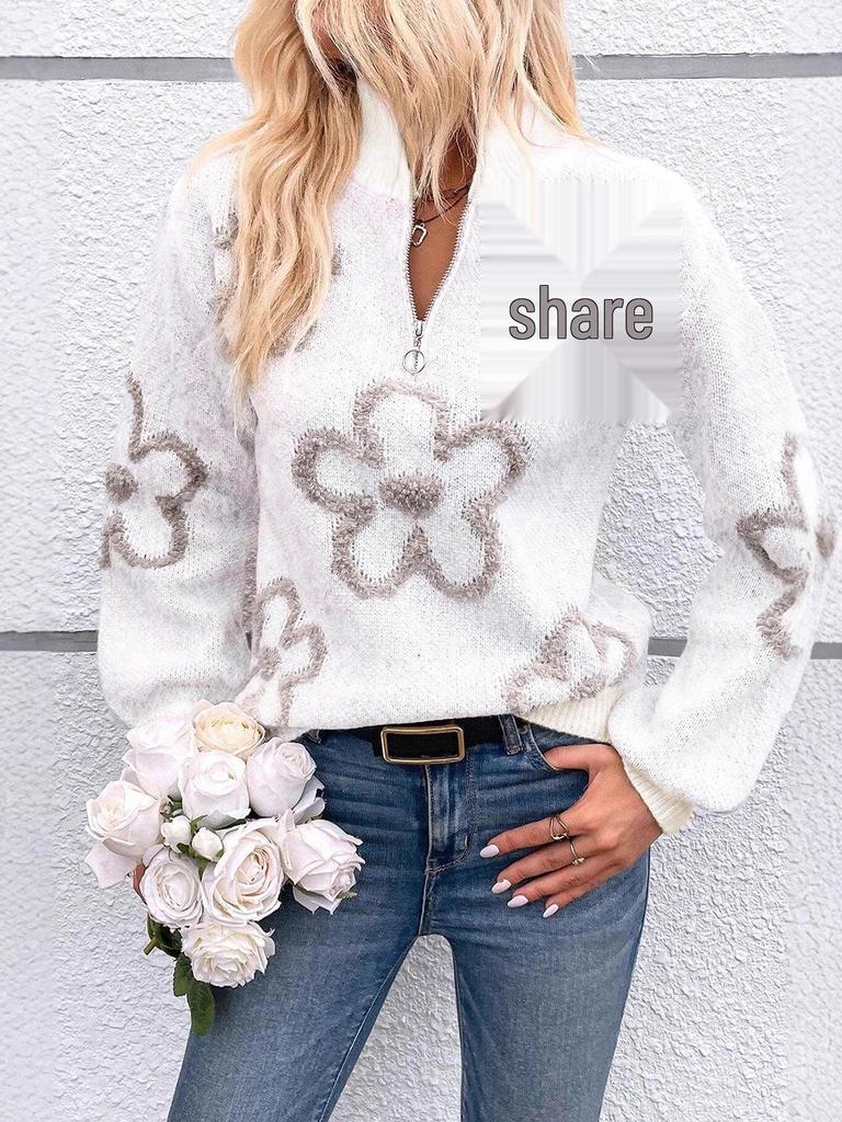 European & American Floral Jacquard Knit Half-Zip Sweater for Women - Winter 2025 New Style.