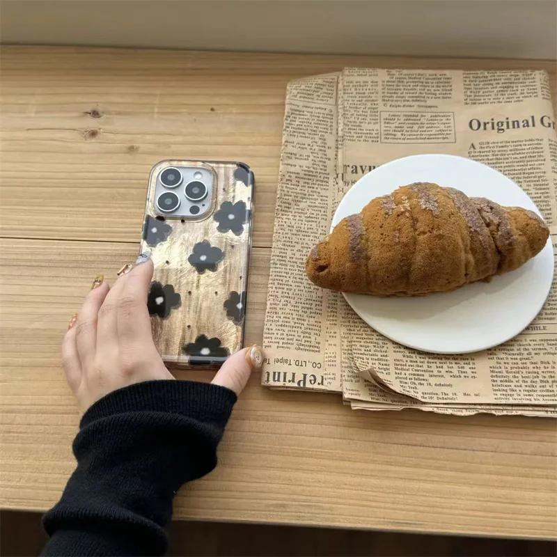 Retro Brown Black Spots Flowers Tinfoil Pattern Phone Cover Case for IPhone 16 16e 15 14 13 12 11 Pro Max 7 8 Plus X XR XS Cover